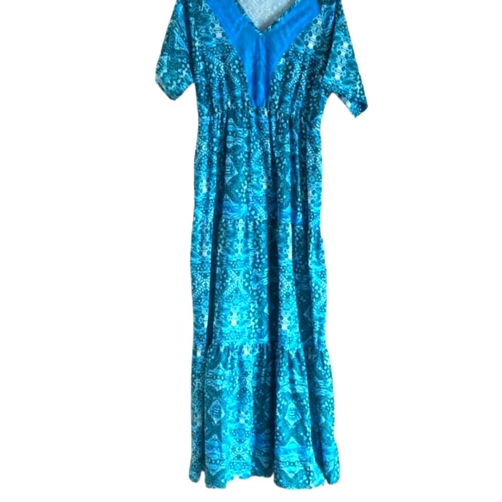 Misslook sz 3XL green and blue maxi dress tropical tribal print V neck